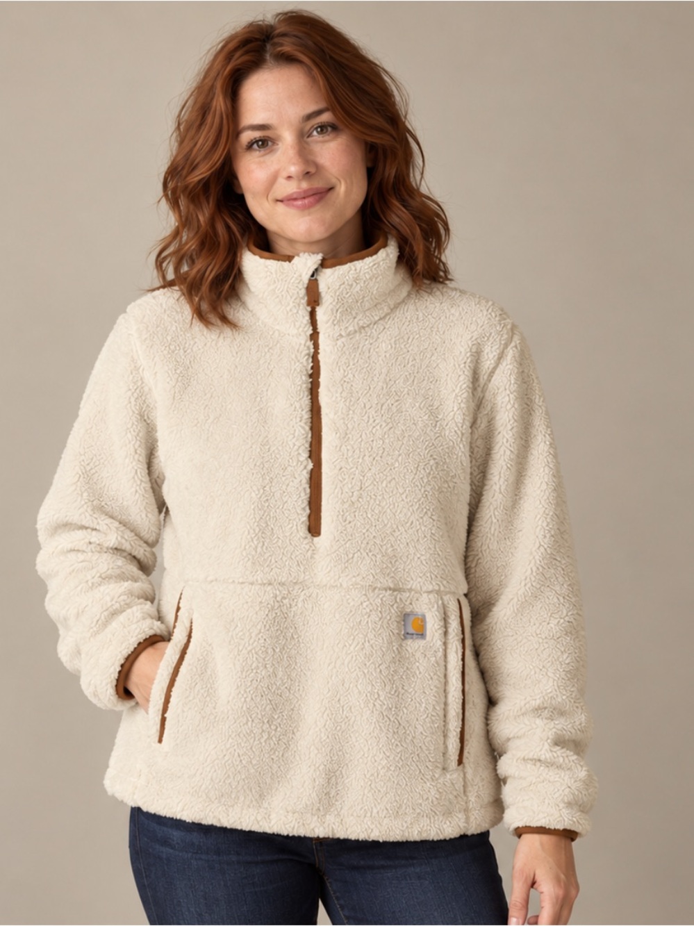 Carhartt Cream Sherpa Fleece Half Zip Pullover Medium Cozy Gorpcore Cabin Outdoo